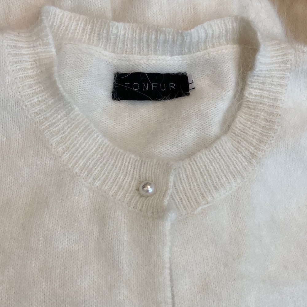 Women's White Crewneck Cardigan with Pearl Button